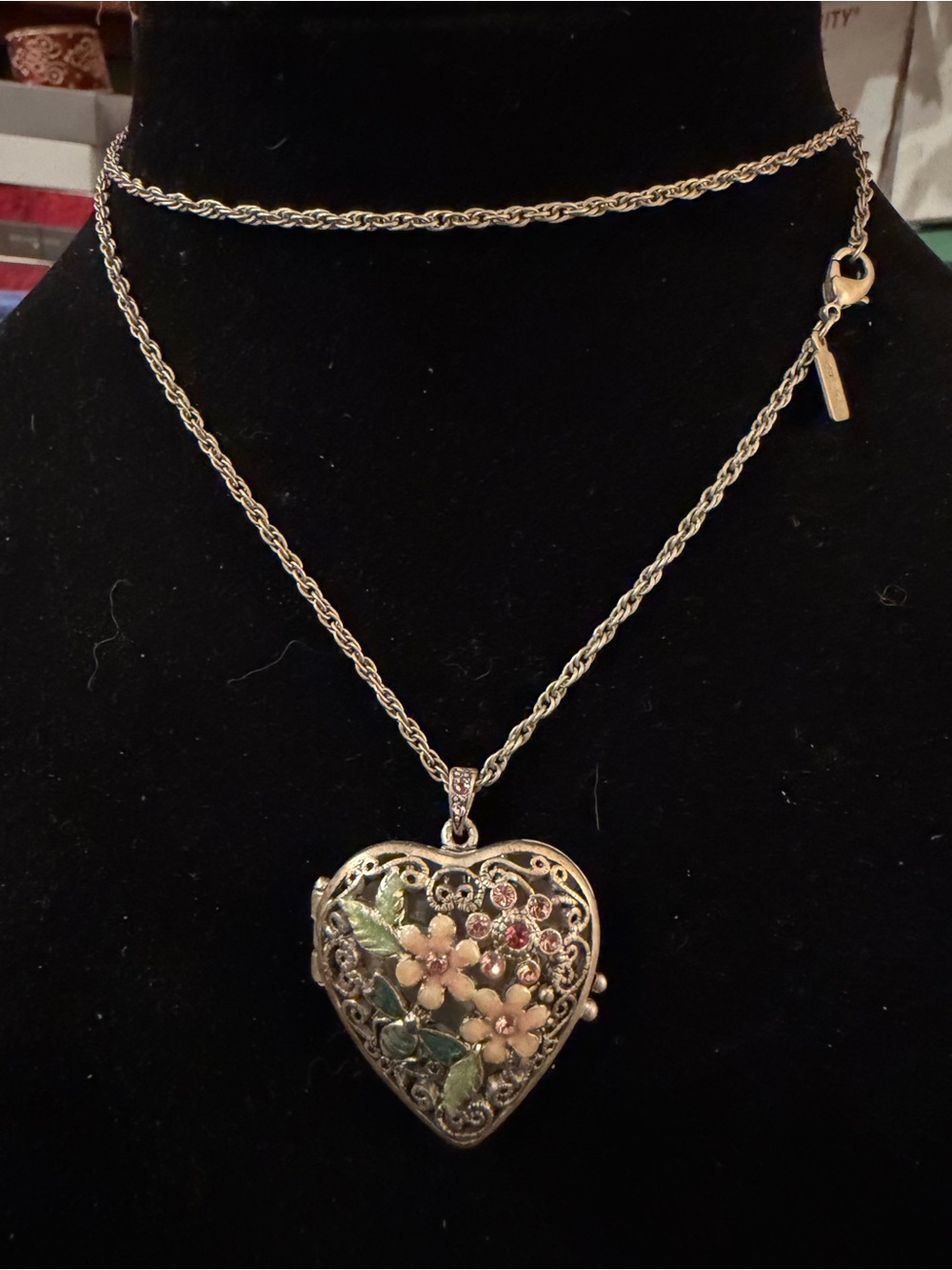 1928 Vintage Porcelain 28” Necklace Enamel Pendant Heart Locket